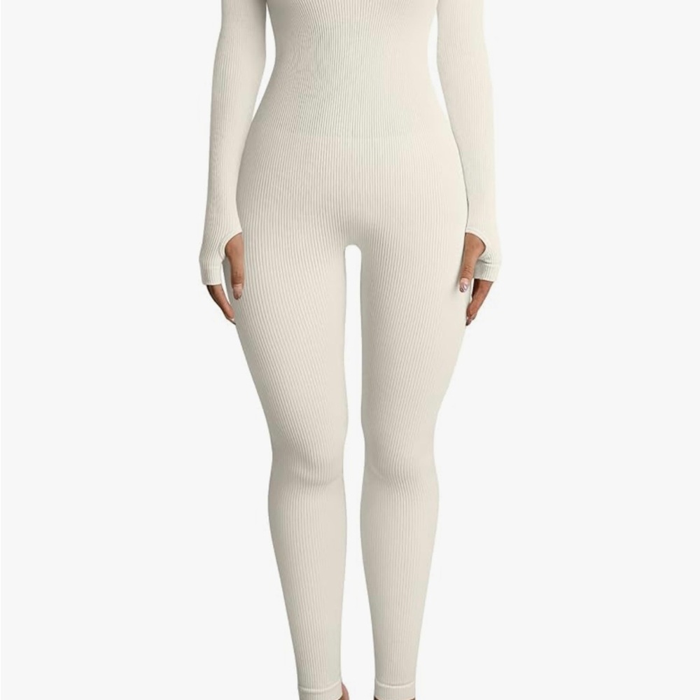 Cream Ribbed Long Sleeve Jumpsuit